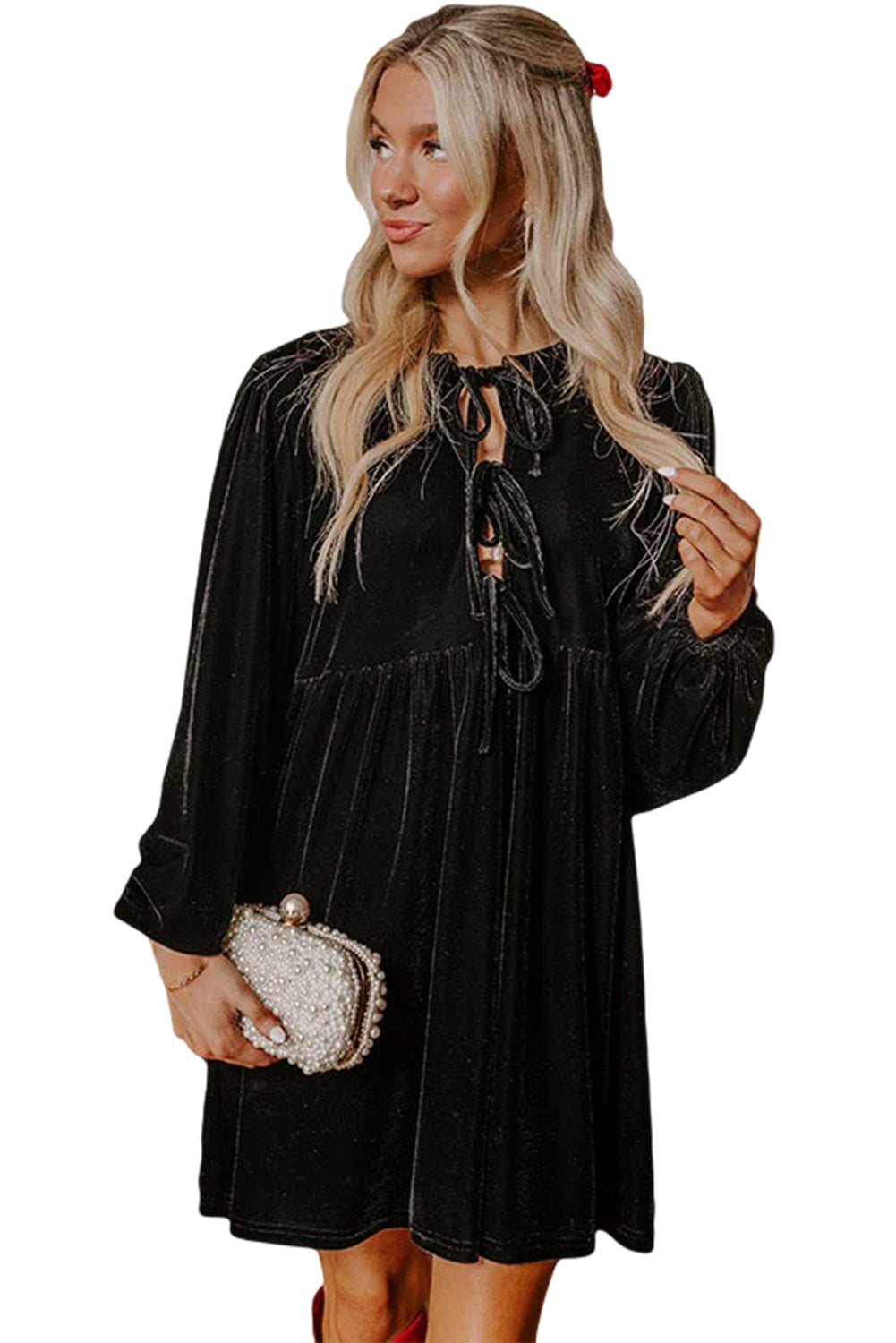 Black Front Tie Velvet Bubble Sleeve Mini Dress