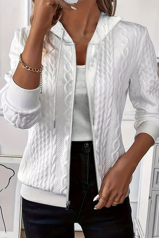 White Plain Jacquard Zipper Hoodie