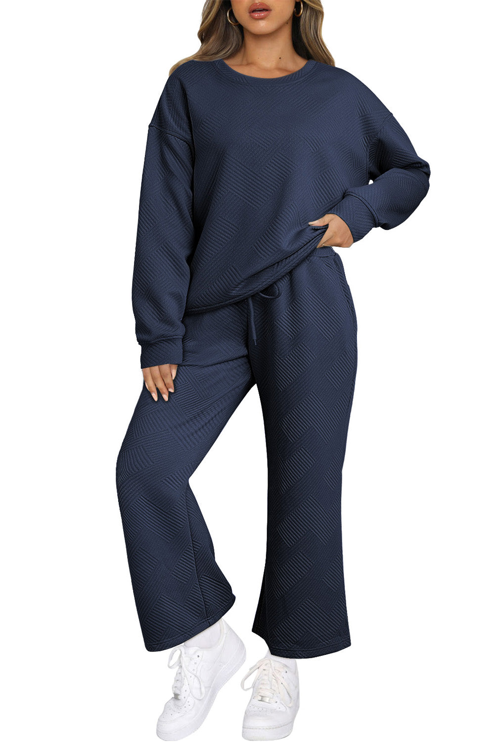 Dark Brown Textured Loose Slouchy Long Sleeve Top and Pants Set