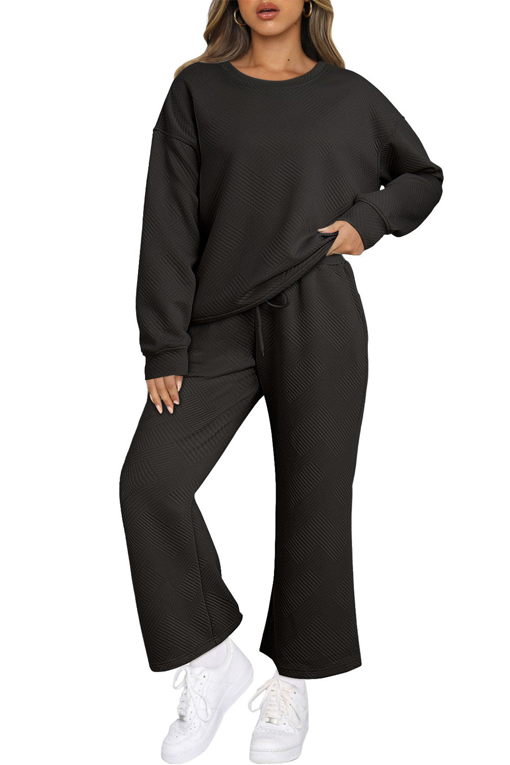 Dark Brown Textured Loose Slouchy Long Sleeve Top and Pants Set