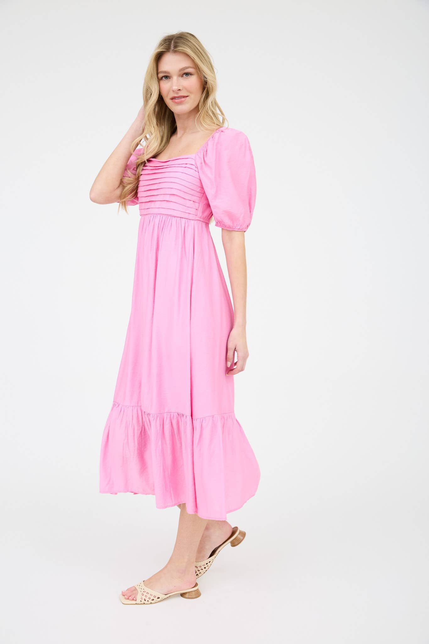 PLEATED EMPIRE WAIST PUFF SLEEVE MIDI DRESS: OFF WHITE