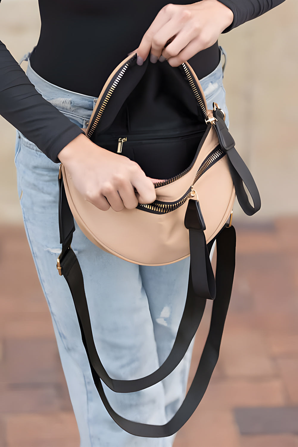 Pink Wide Strap Double Zipper Crossbody Bag