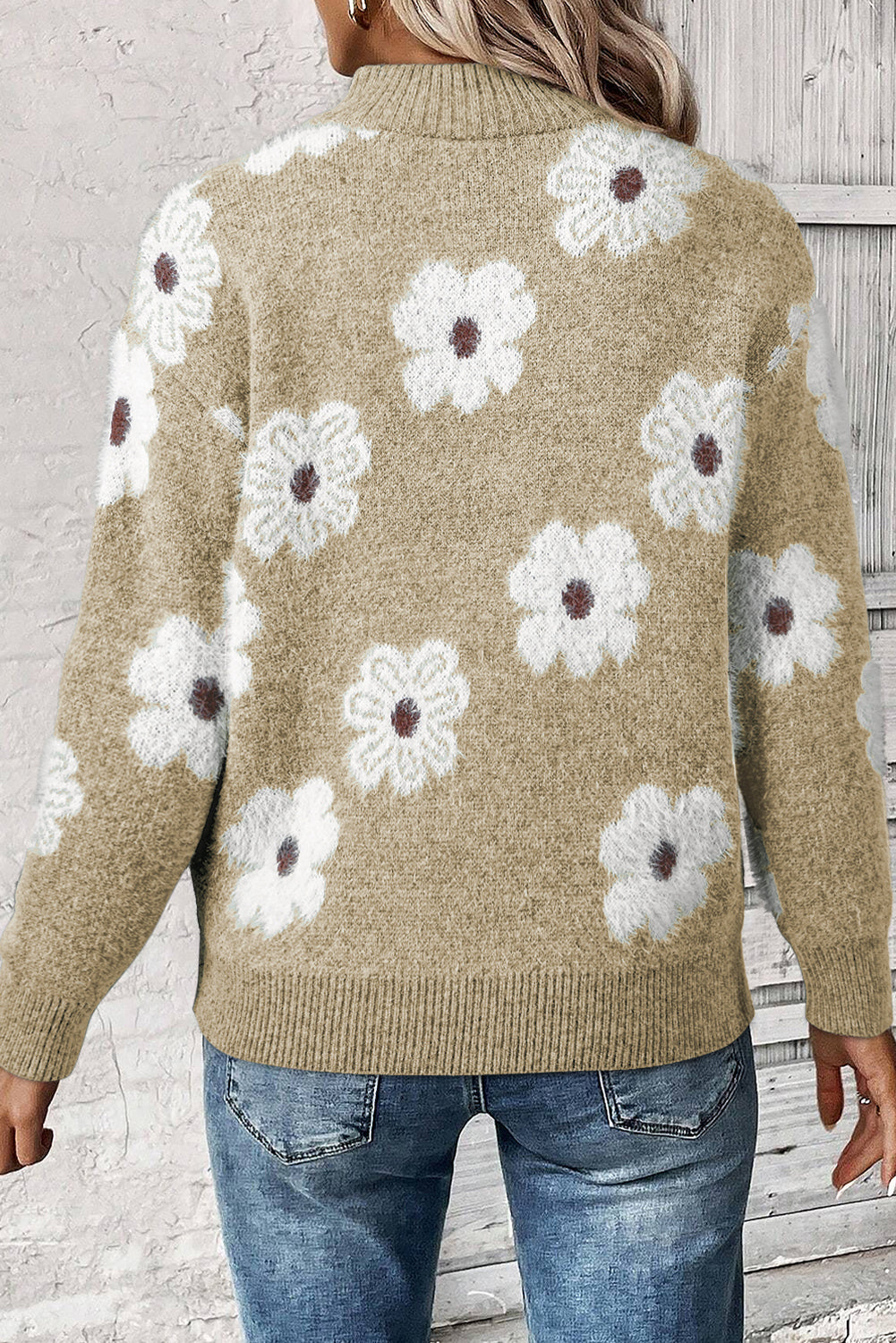 Khaki Vintage 60s Floral Pattern Half Zip Collar Drop Shoulder Sweater