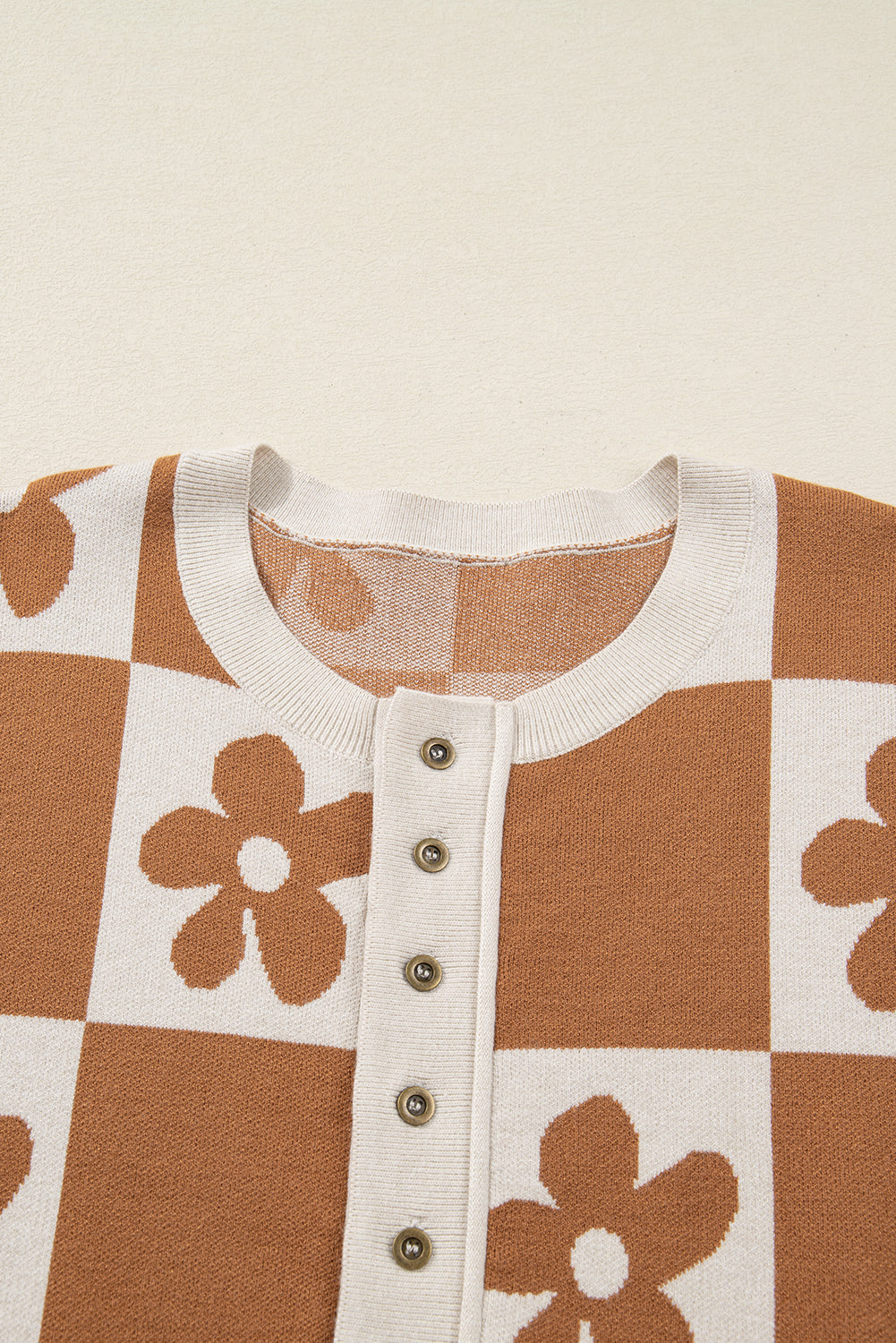 Red Dahlia Flower Colorblock Checkered Henley Sweater