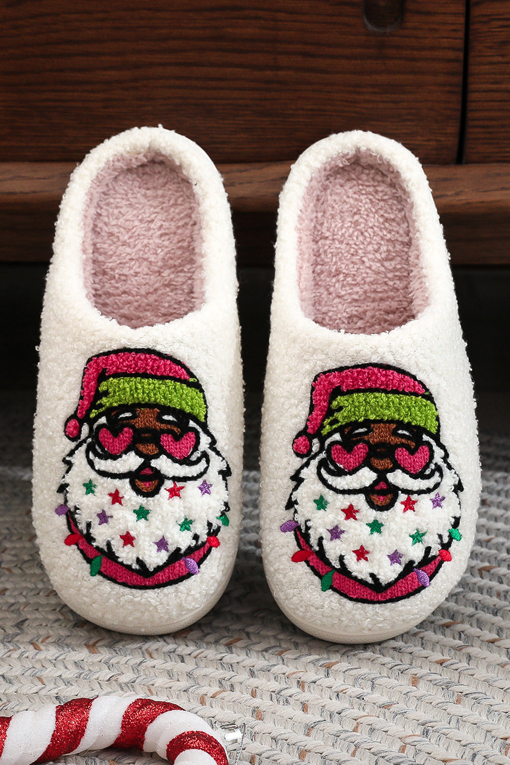 White Starry Santa Claus Pattern Christmas Plush Slippers