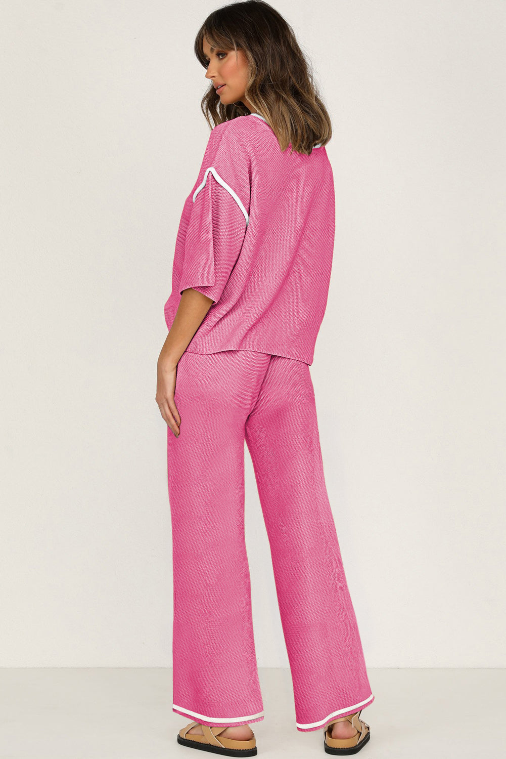 Bright Pink Loose Contrast Trim Half Sleeve Top and Drawstring Pants Set