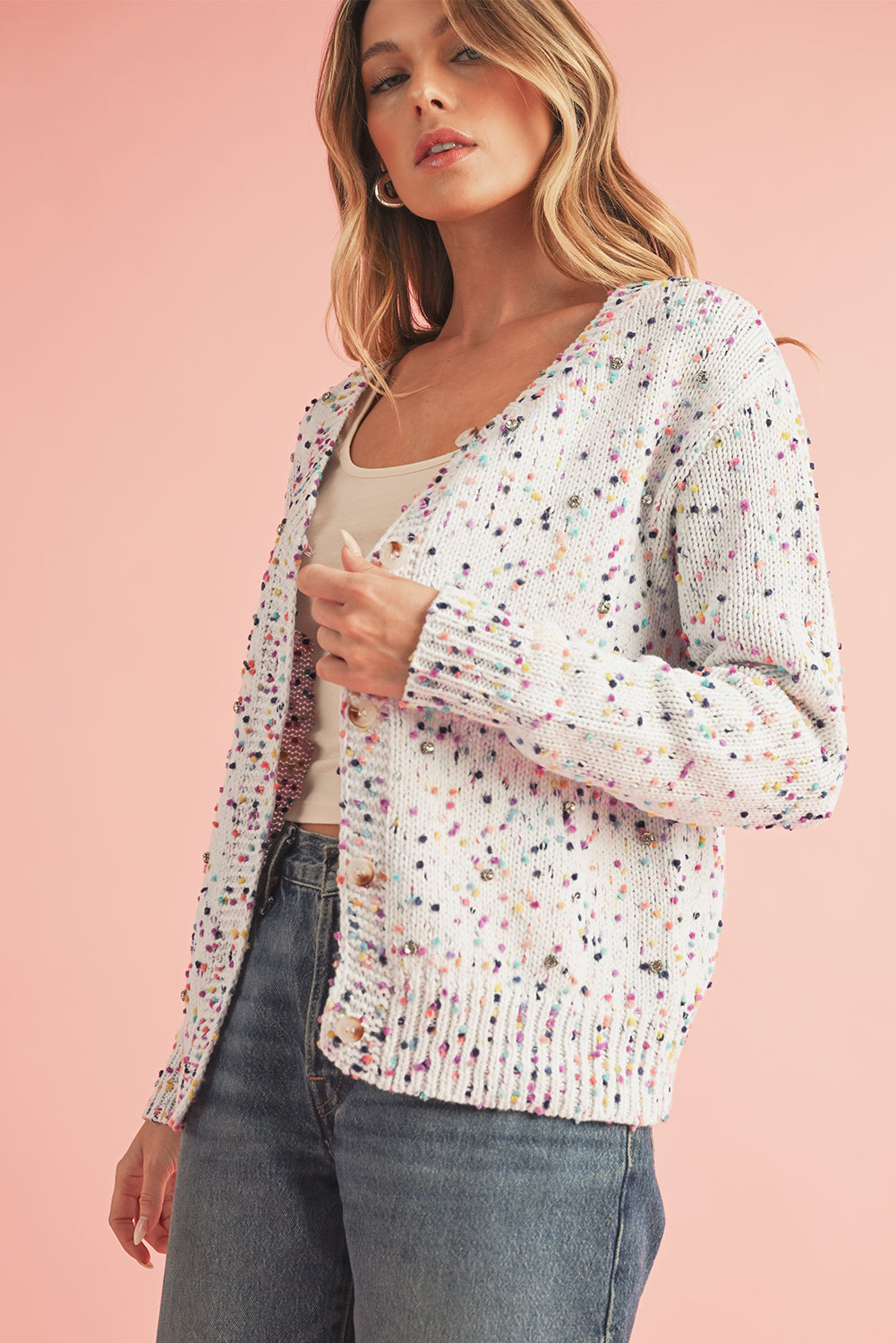 Apricot Confetti Knit Cropped Open Front Cardigan
