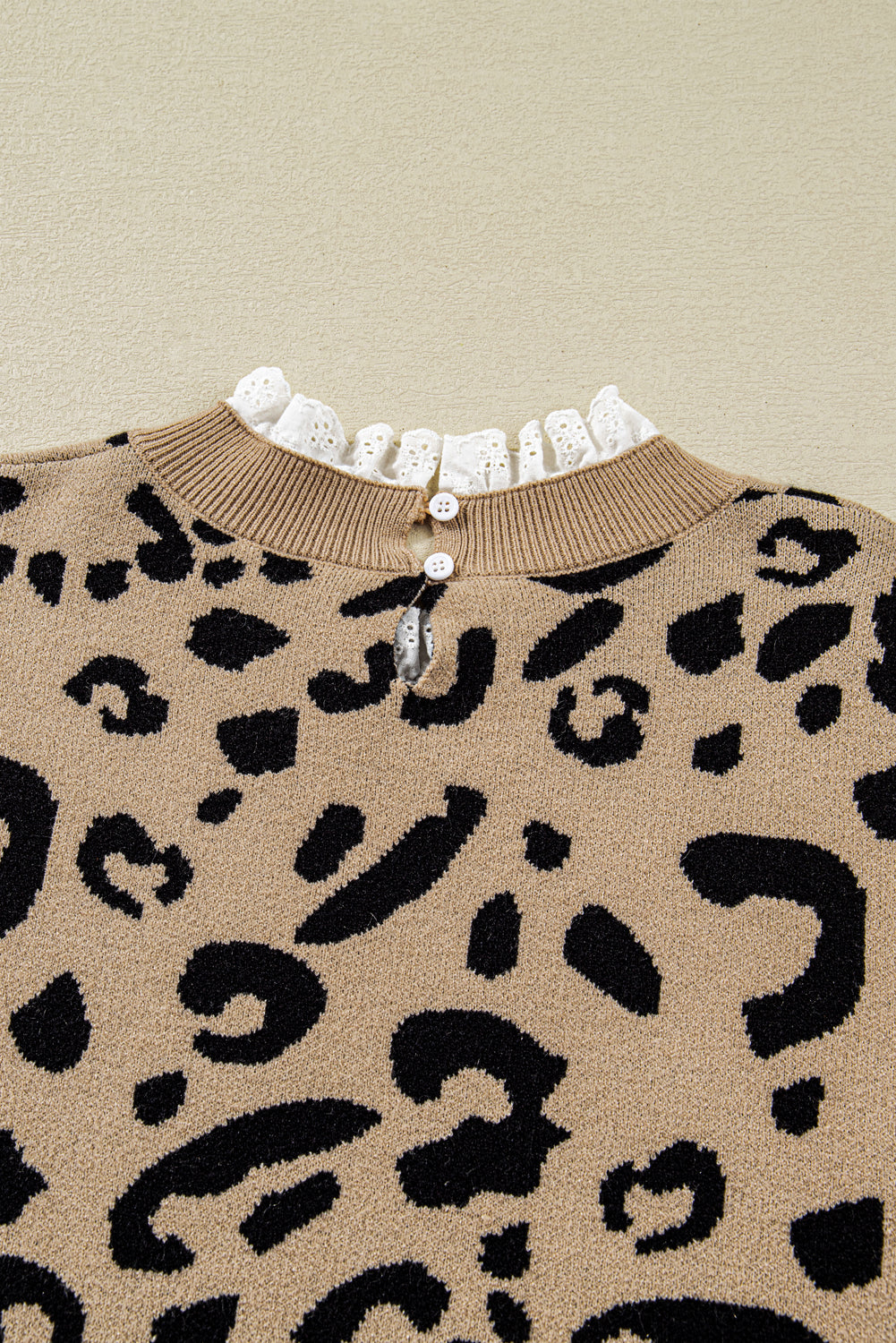 Brown Leopard Knitted Lace Trim Cuffed Plus Size Sweater