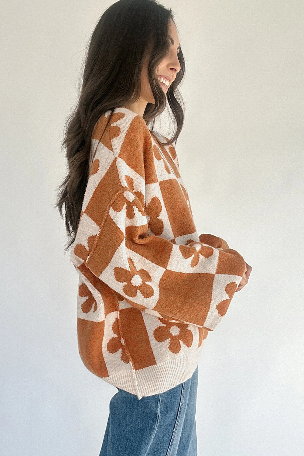 Red Dahlia Flower Colorblock Checkered Henley Sweater