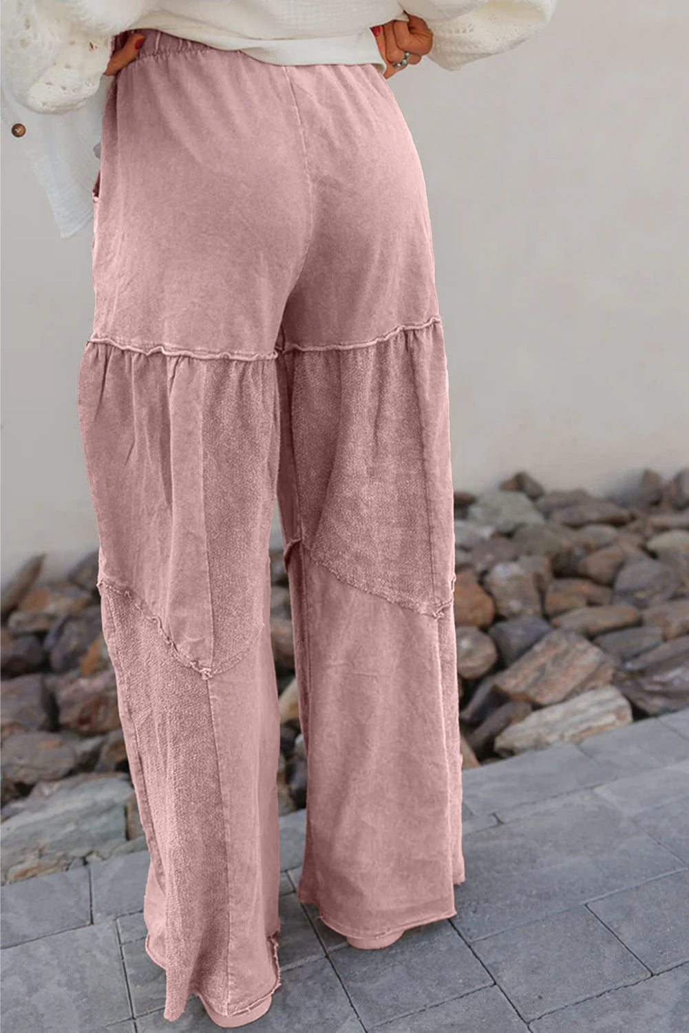 Black Mineral Wash Tiered Wide Leg Patchwork Drawstring Pants
