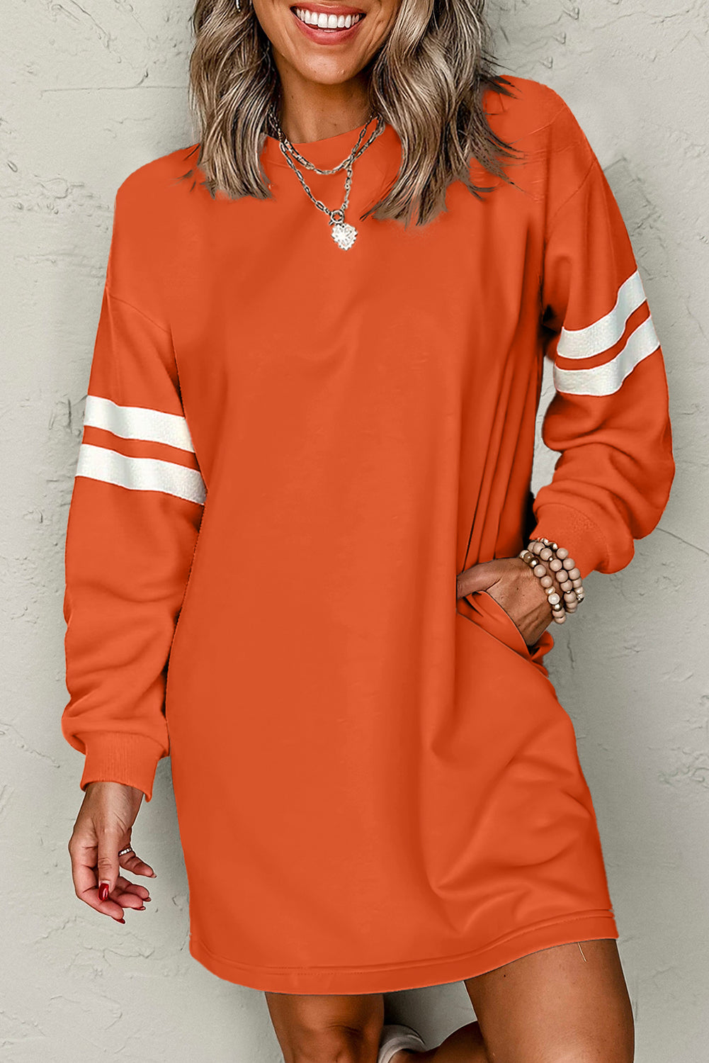 Fiery Red Preppy Striped Sleeve Loose Mini Dress