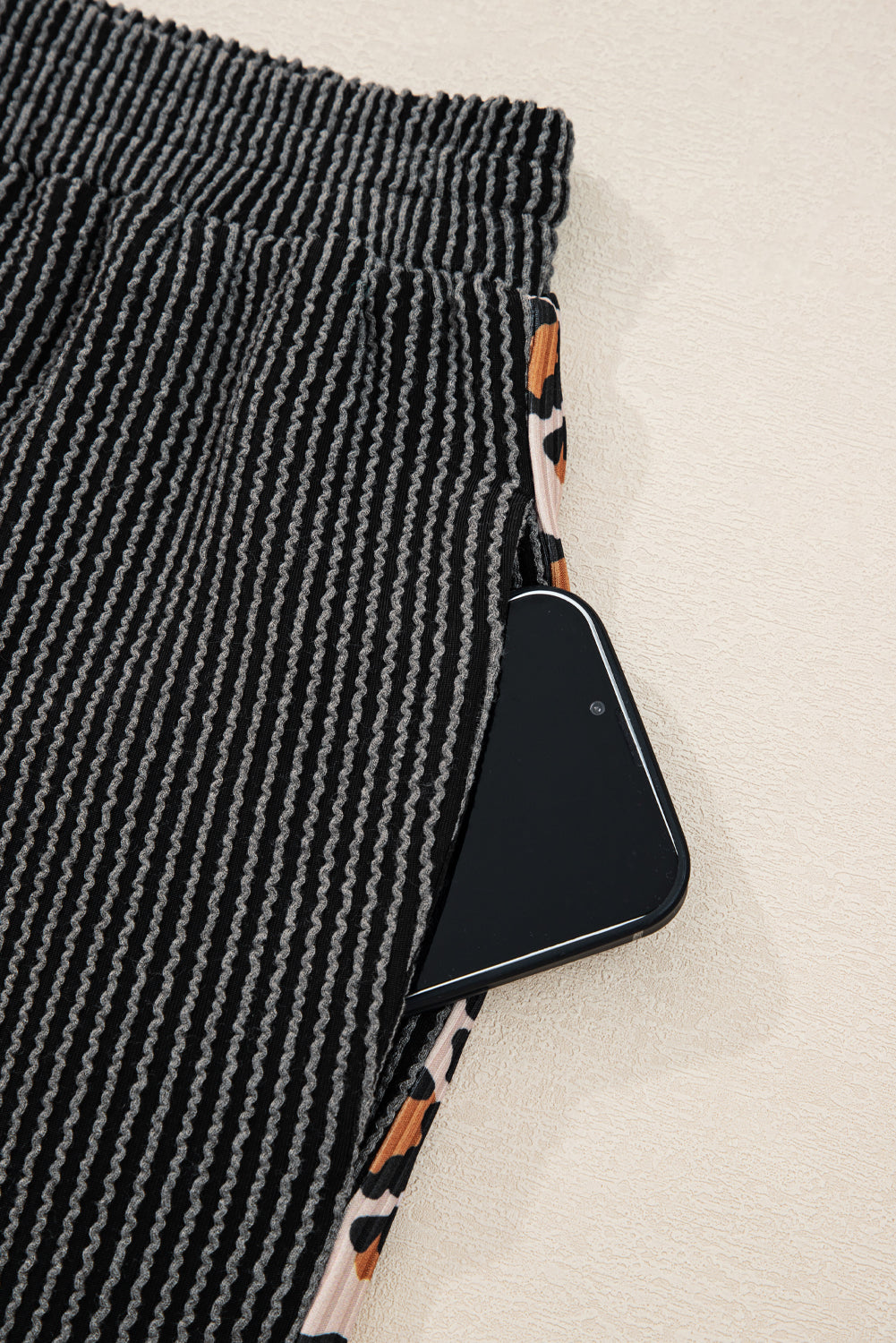 Carbon Grey Twisted Rib Leopard Patchwork Detail 2pcs Pants Set