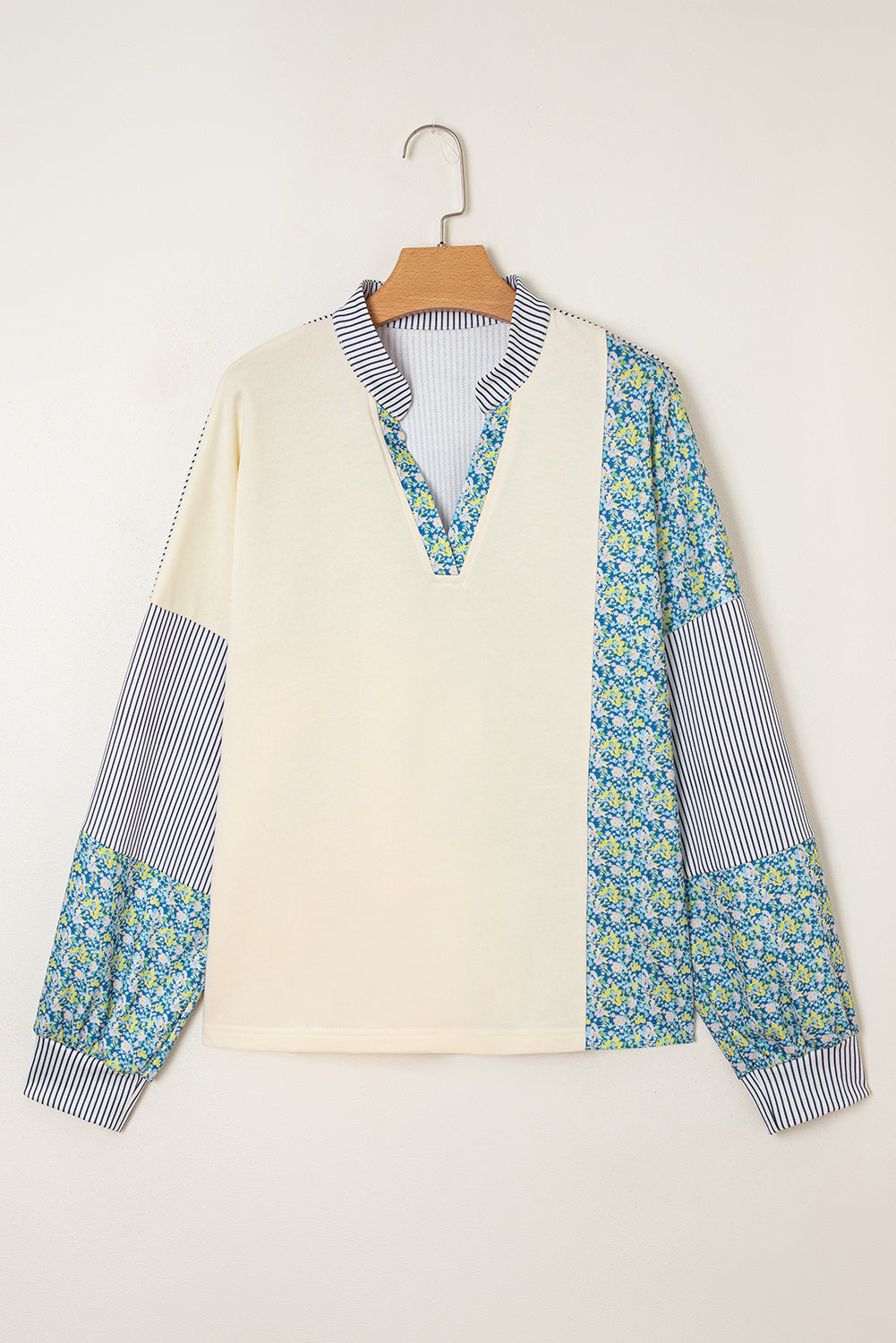 Beige Floral Striped Patchwork Drop Sleeve Boxy Fit Sweatshirt