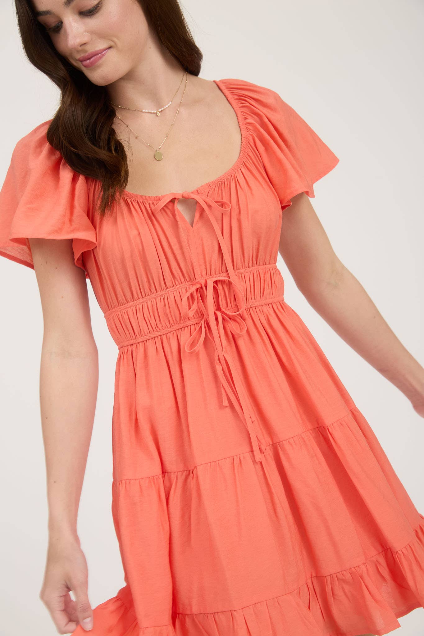 Front Tie Strap Short Sleeve Tiered Mini Dress