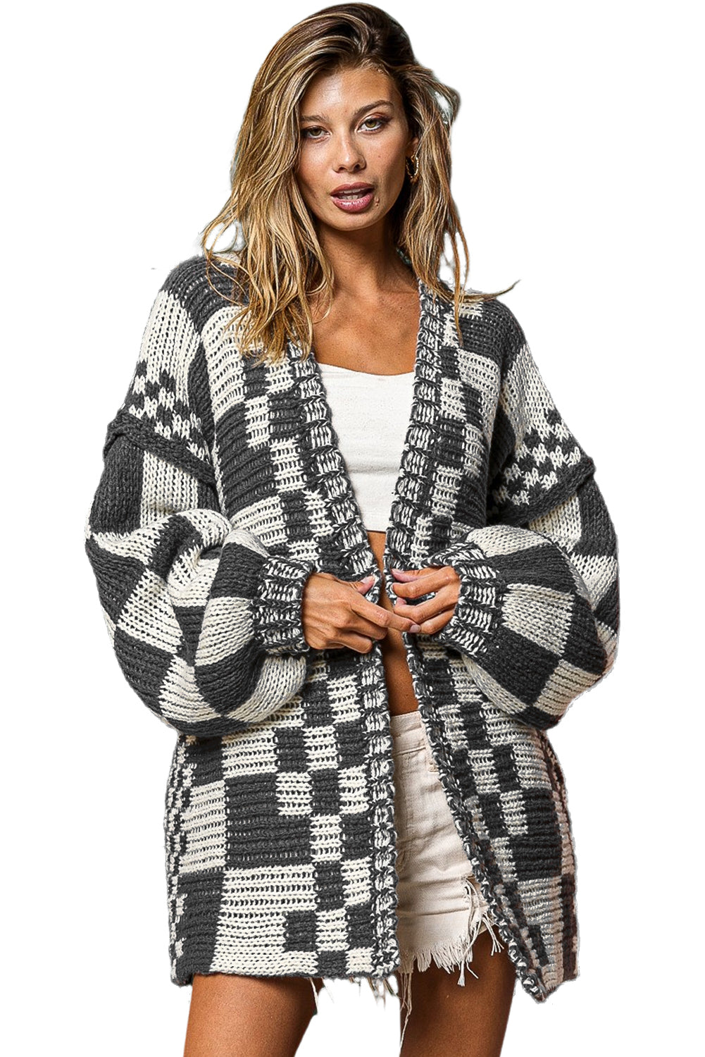 Taupe Colorblock Checked Open Front Knitted Cardigan