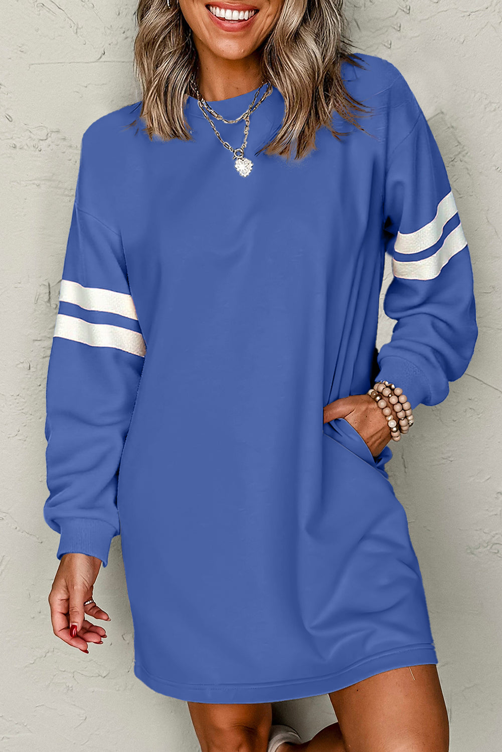 Tillandsia Purple Preppy Striped Sleeve Loose Mini Dress