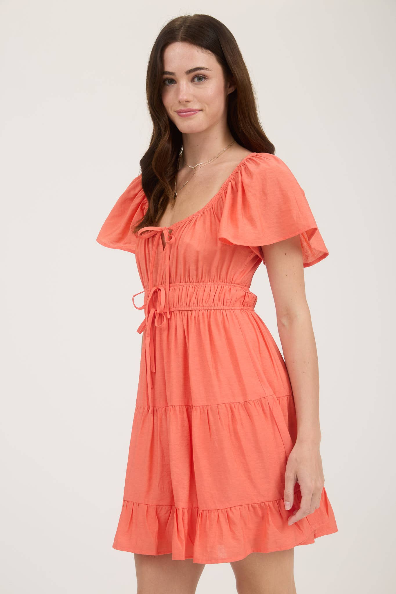 Front Tie Strap Short Sleeve Tiered Mini Dress