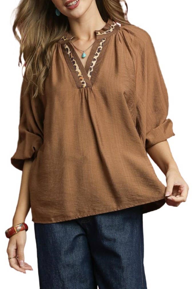 Leopard Trim V-neck Blouse