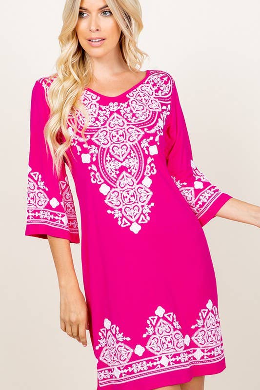Hemish Damask Print Dress: 3/4 Sleeve