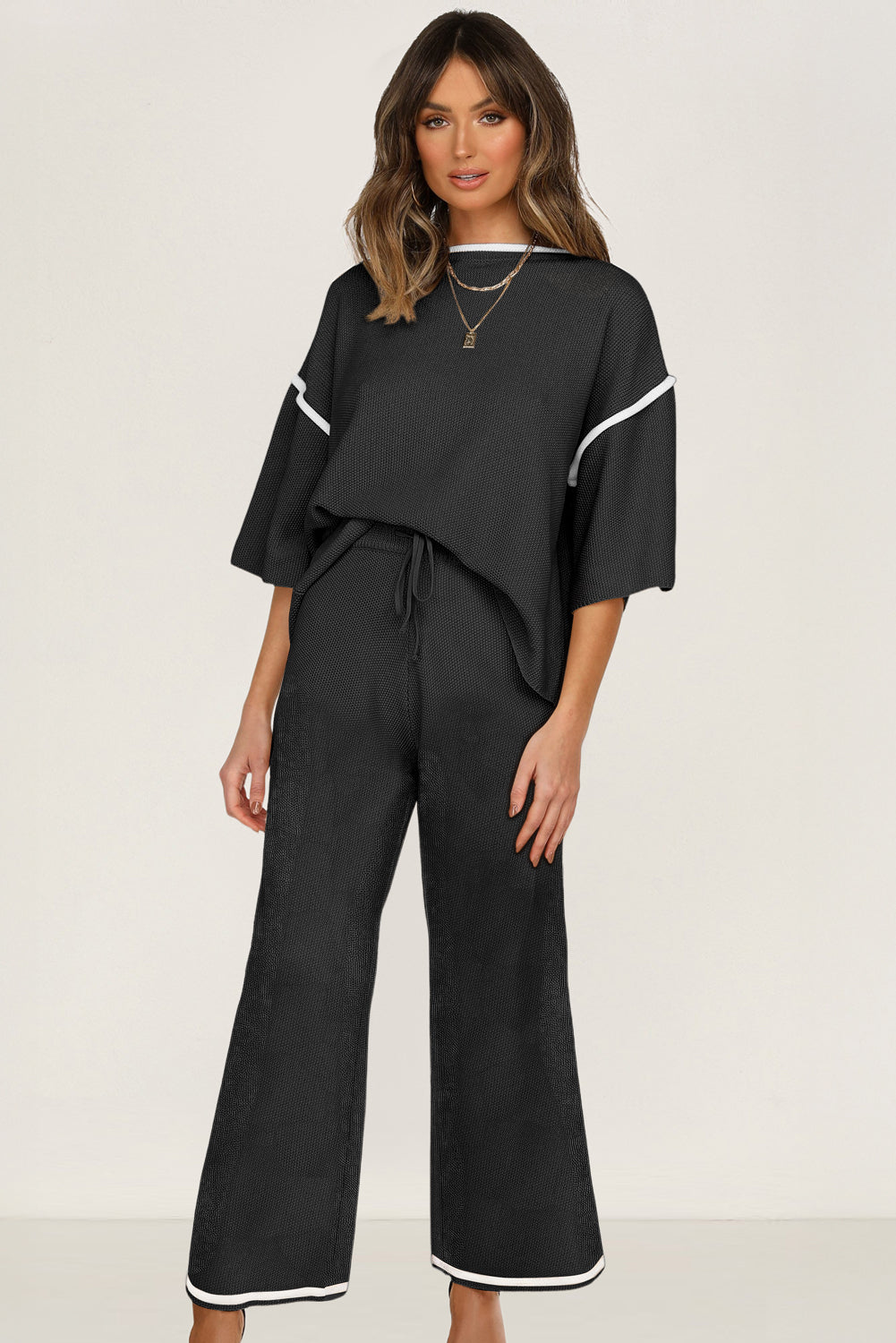 Bright Pink Loose Contrast Trim Half Sleeve Top and Drawstring Pants Set