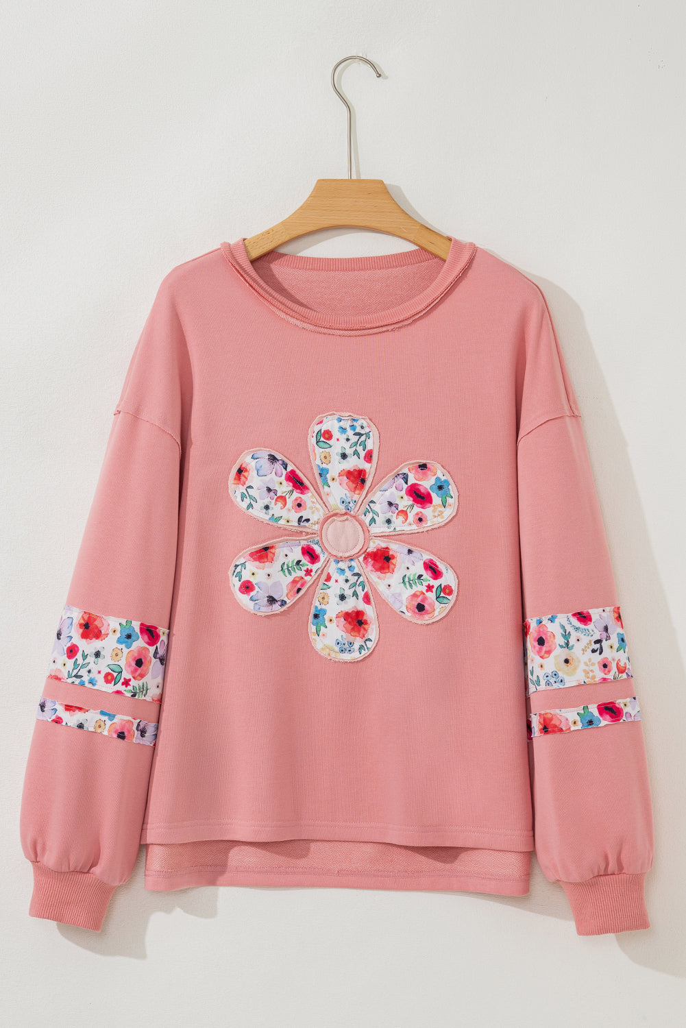 Pale Khaki Flower Applique Patchwork Drop Sleeve Pullover Sweatshirt