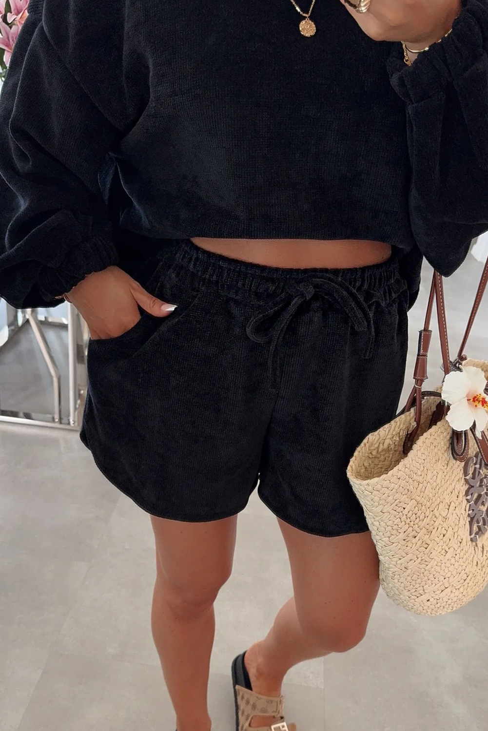 Dark Brown Textured Knit Drop Shoulder Pullover Drawstring Shorts Set