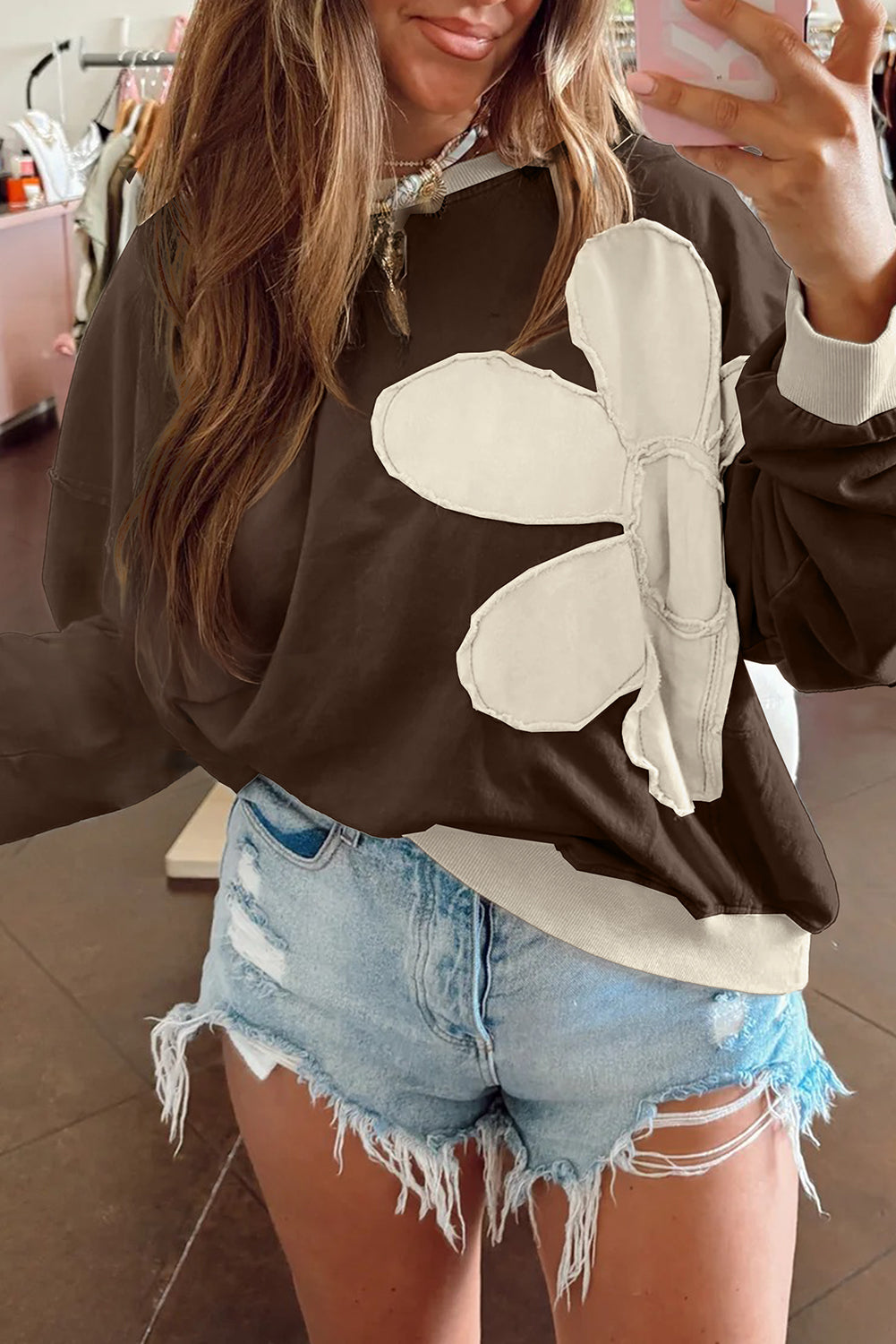 Coffee Raw Edge Flower Patch Drop Shoulder Long Sleeve Top