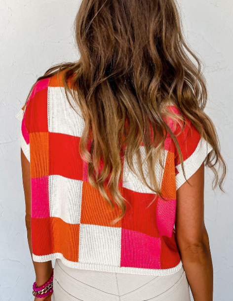 White Color Block Cap Sleeve Sweater