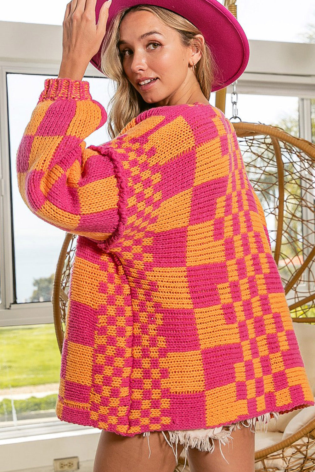 Taupe Colorblock Checked Open Front Knitted Cardigan