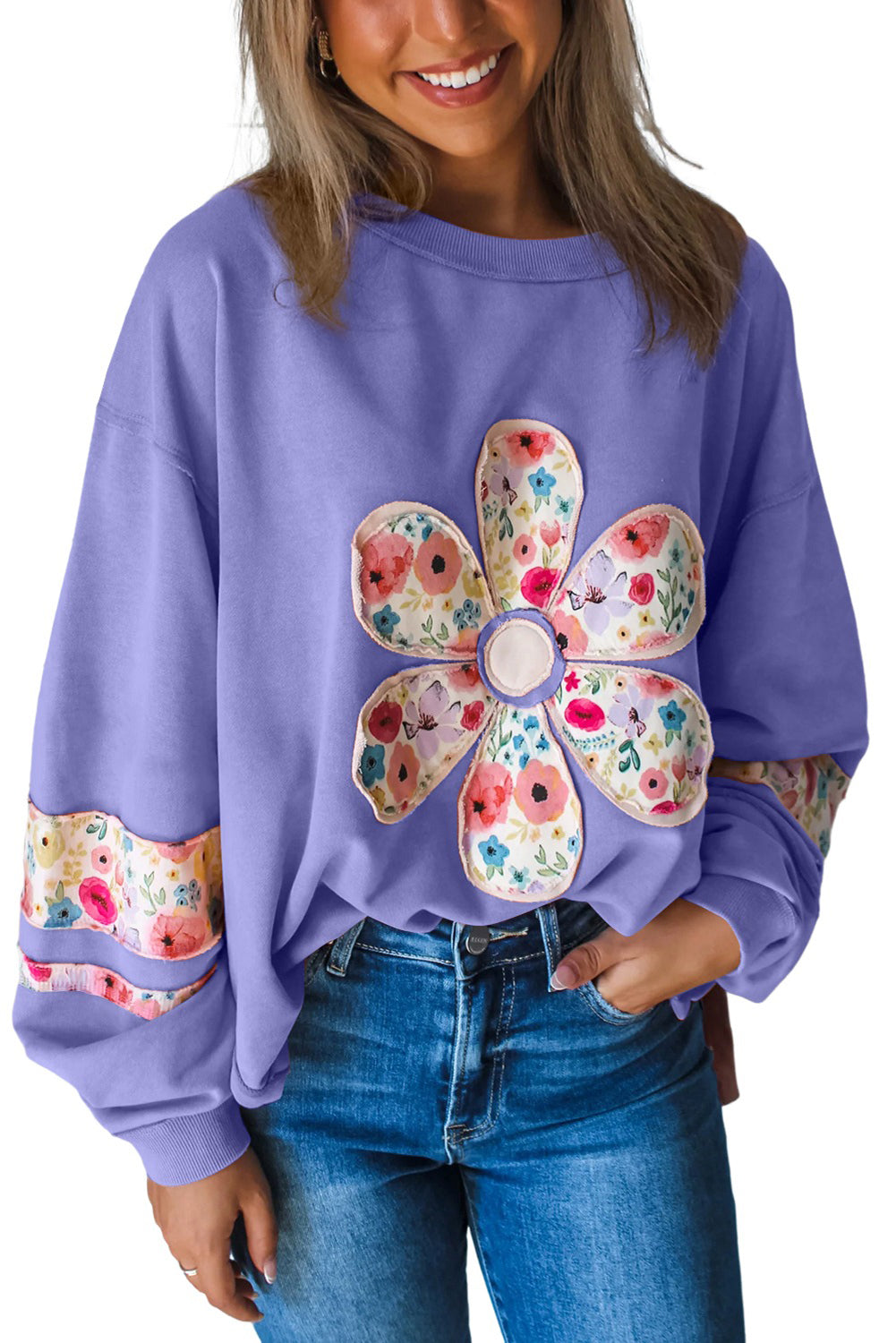 Pale Khaki Flower Applique Patchwork Drop Sleeve Pullover Sweatshirt