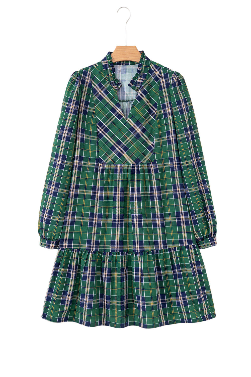Green Plaid Print Frill Neck Long Sleeve Mini Dress