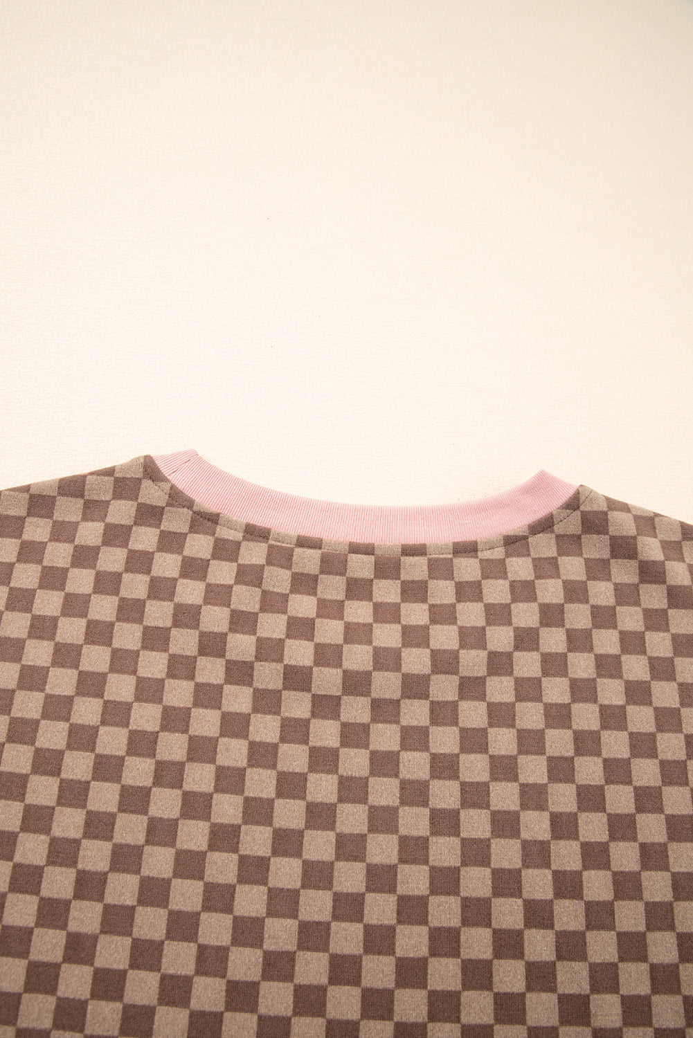 Brown Checkerboard Contrast Trim Long Sleeve Pullover and Shorts Set