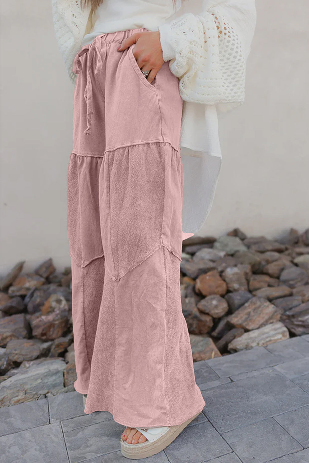 Black Mineral Wash Tiered Wide Leg Patchwork Drawstring Pants