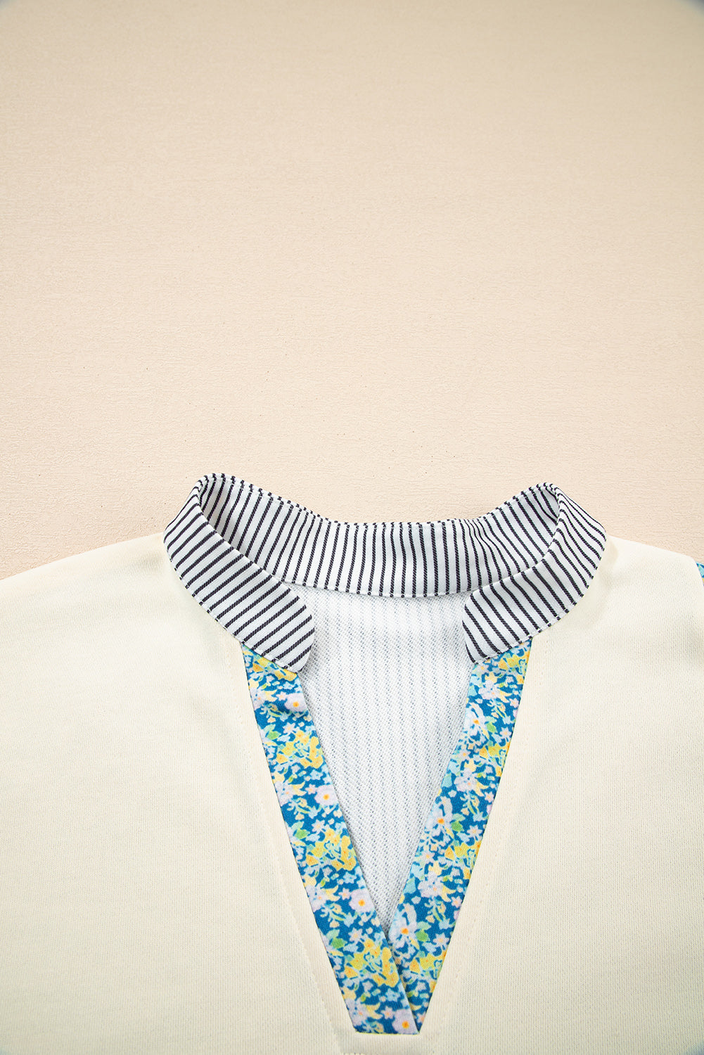 Beige Floral Striped Patchwork Drop Sleeve Boxy Fit Sweatshirt