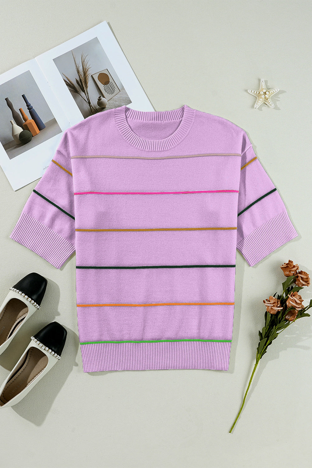 Orchid Petal Striped Half Sleeve Drop Shoulder Sweater