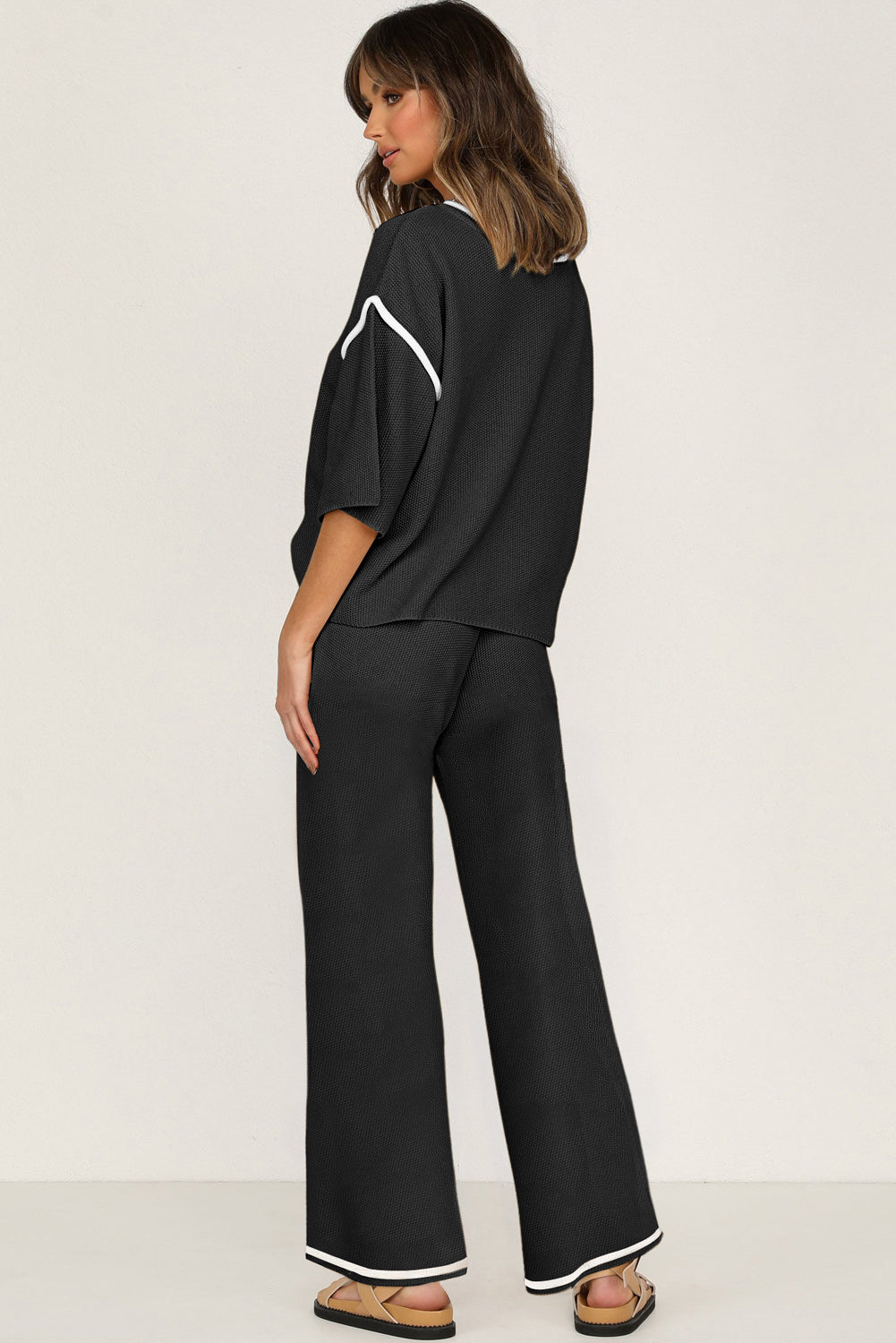Bright Pink Loose Contrast Trim Half Sleeve Top and Drawstring Pants Set
