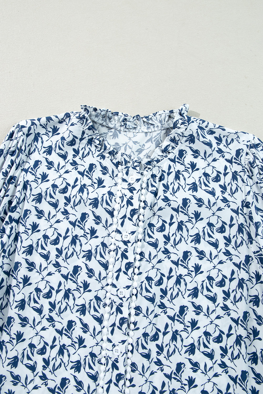 Khaki Printed Floral Print Lace Detail Puff Sleeve Fall Shirt