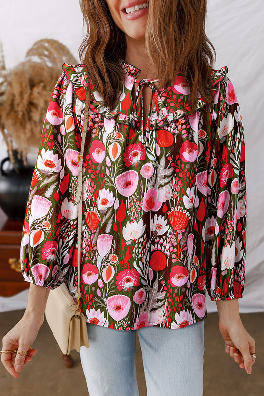 Red Floral 3/4 Sleeve Lace-up Neck Blouse