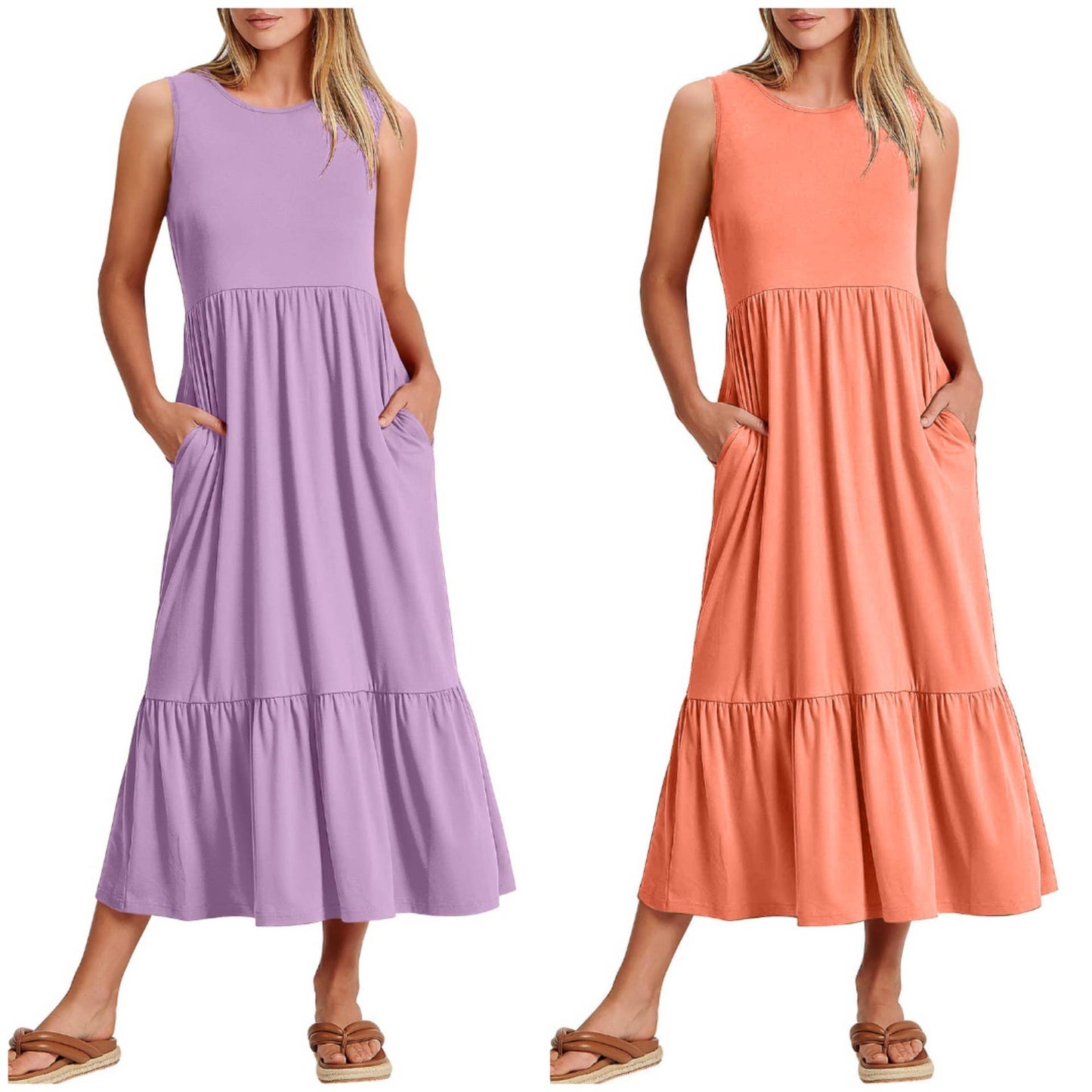 Ladies Sleeveless Simple Midi Dress, Pockets