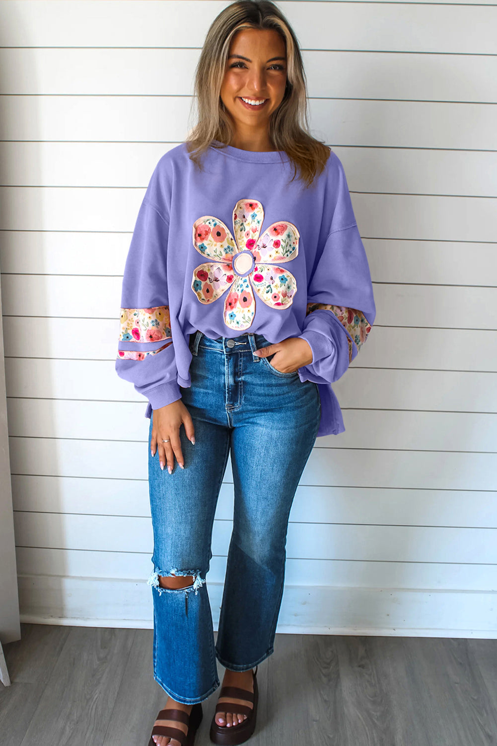 Pale Khaki Flower Applique Patchwork Drop Sleeve Pullover Sweatshirt