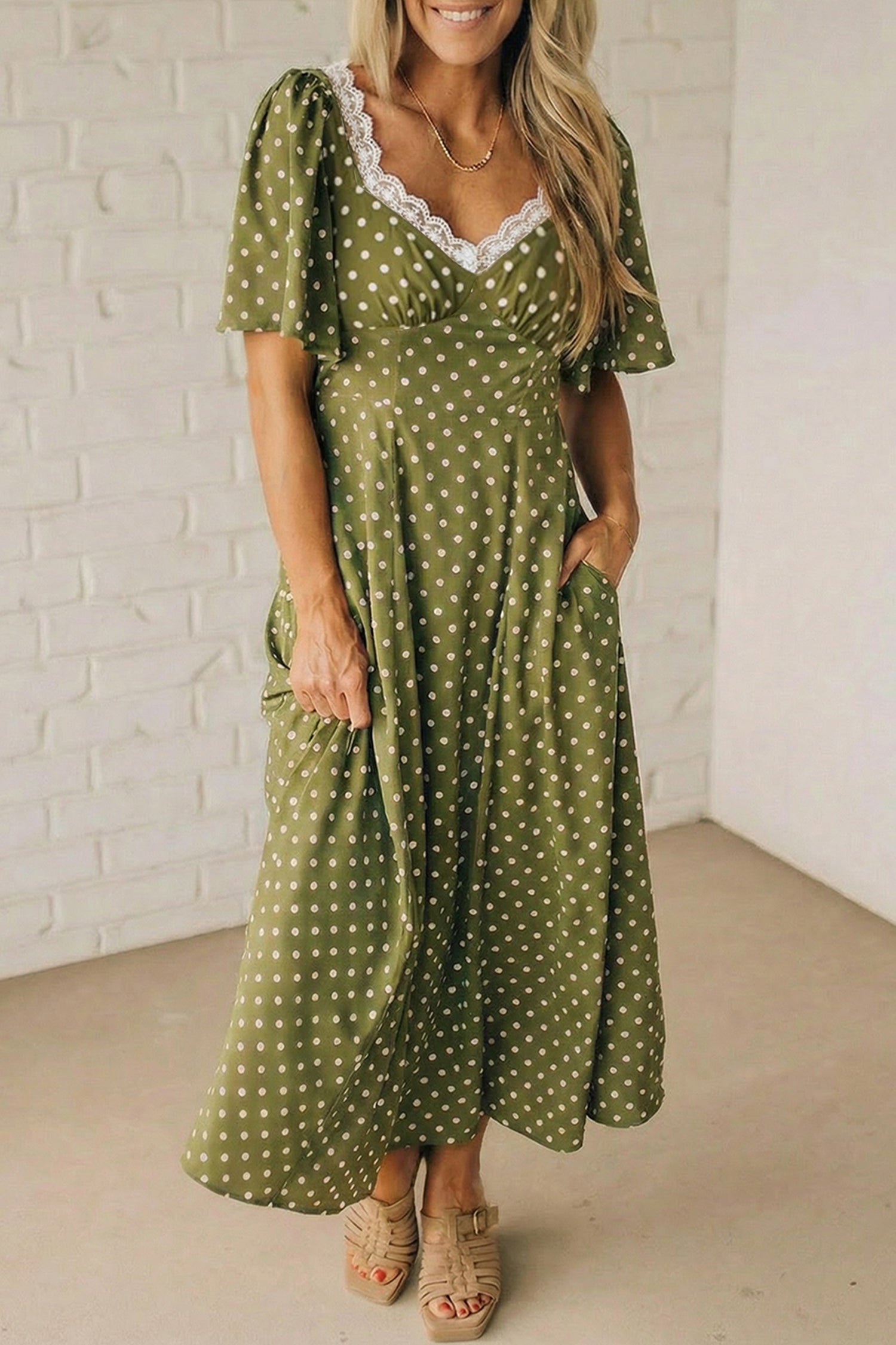 Green Polka Dot Print Lacy Neckline Smocked High Waist Maxi Dress –  Magnolia Threads