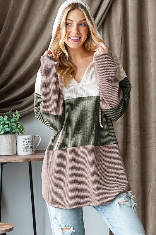 V-Neck Ribbed Drawstring Hoodie
