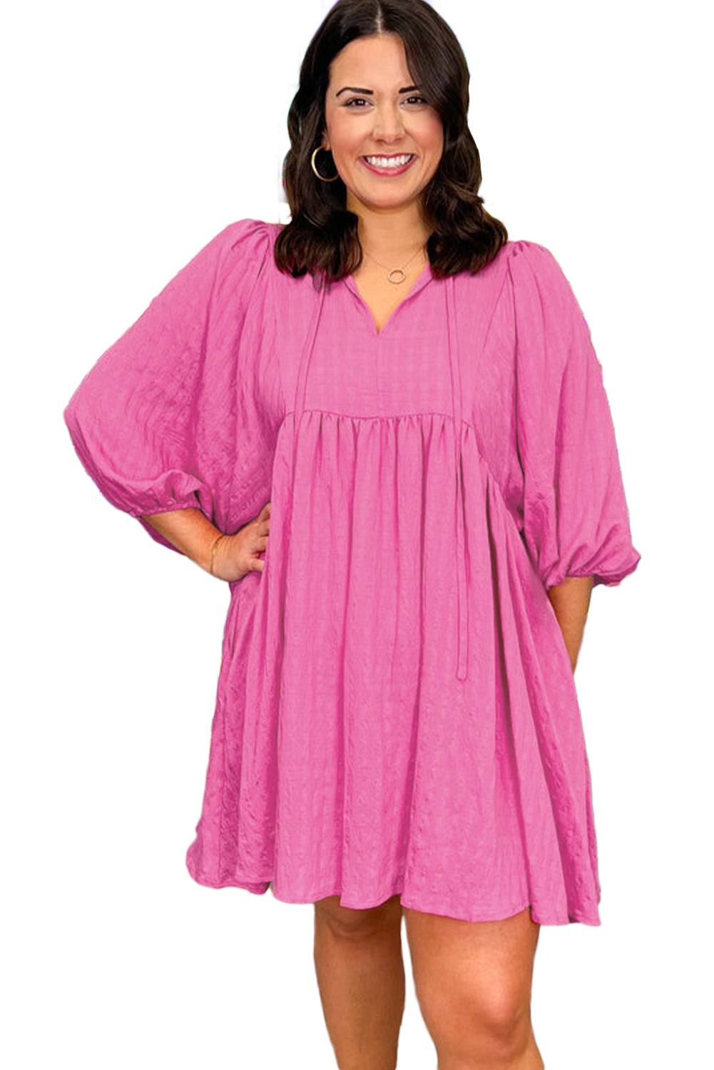 Sachet Pink Plus Size Textured Tie Split Neck Puff Sleeve Flowy Mini Dress
