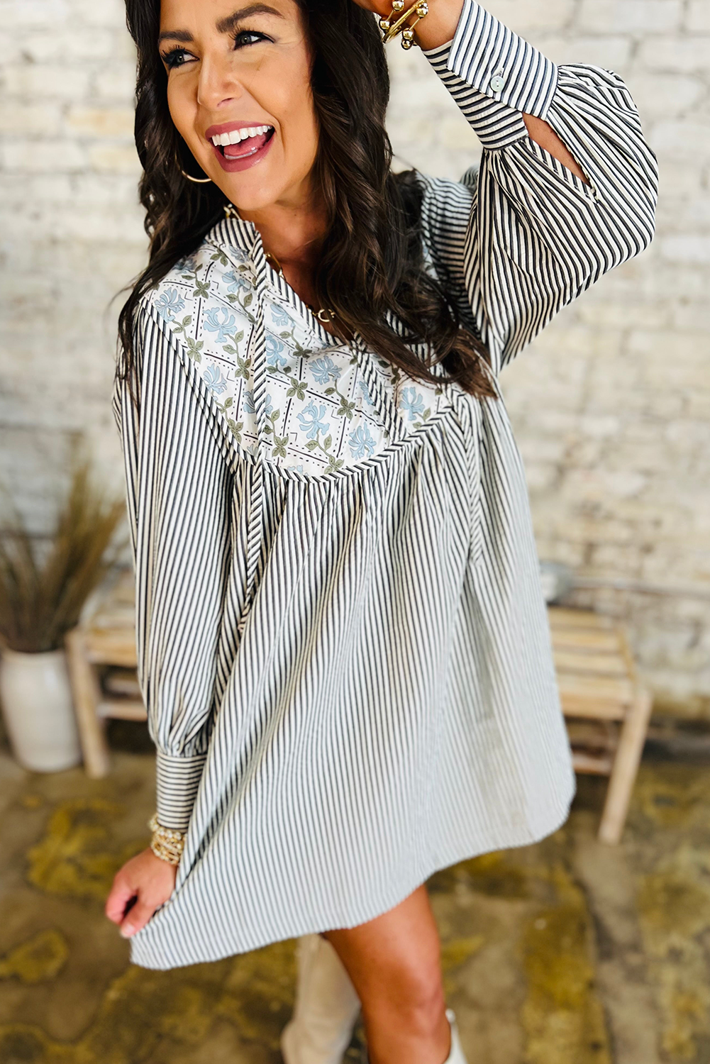 Black Stripe Floral Patchwork Tied V Neck Shift Long Sleeve Mini Dress: