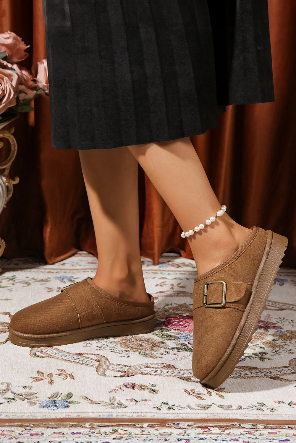 Black Faux Suede Buckle Strap Detail Winter Clog Slippers