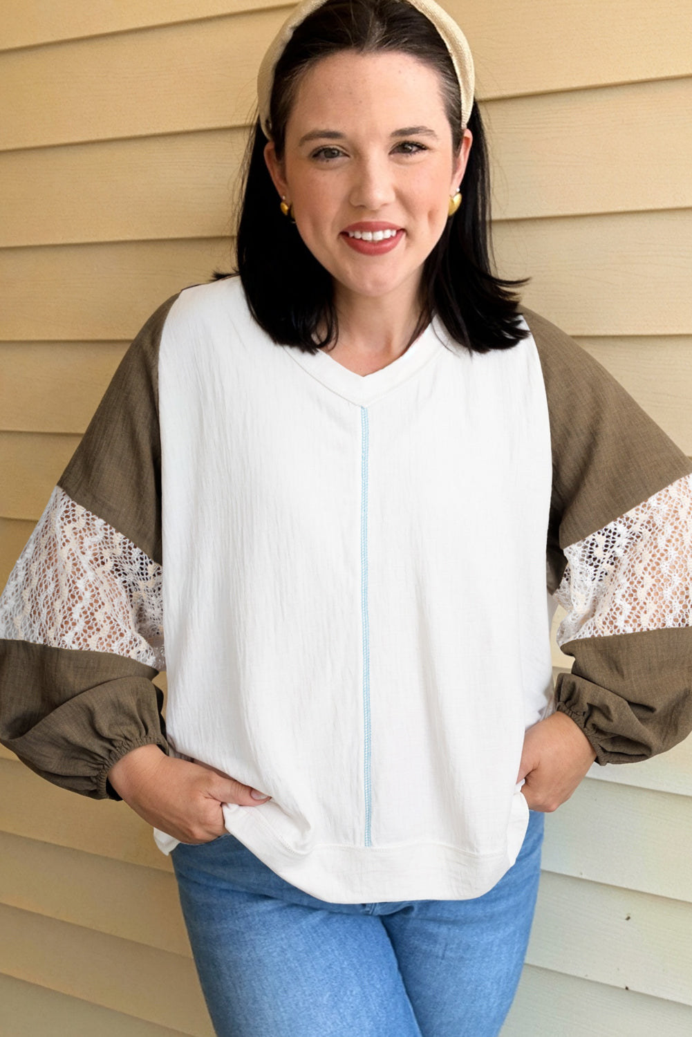 Green Colorblock Lace Patchwork Balloon Sleeve Plus Size Blouse