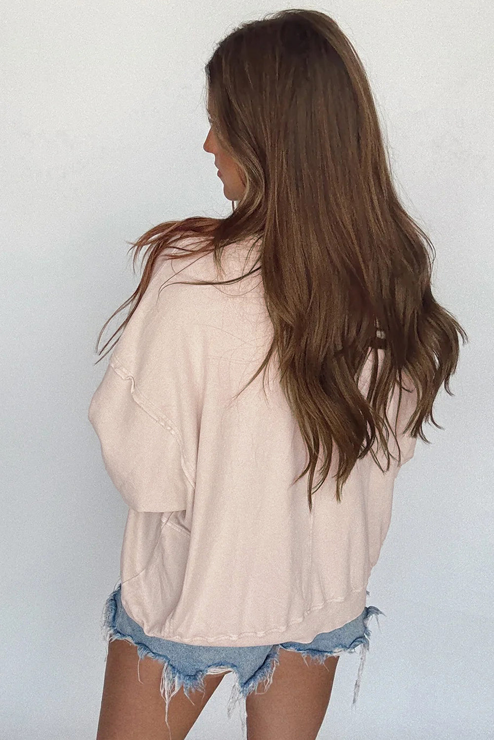 Coffee Raw Edge Flower Patch Drop Shoulder Long Sleeve Top