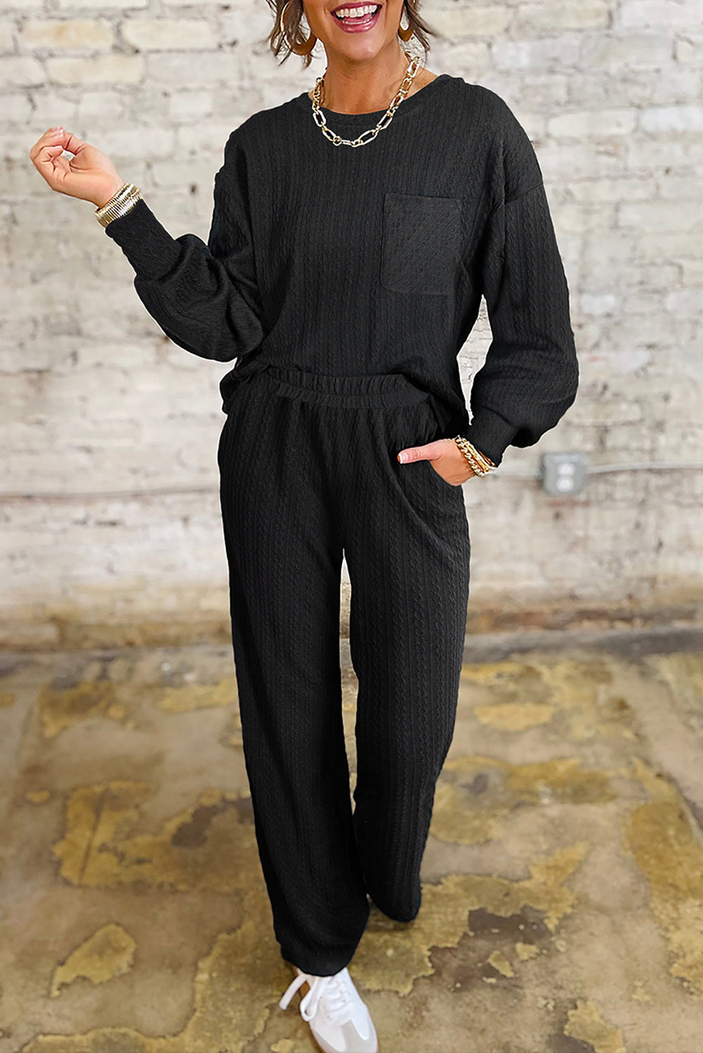 Black Textured Chest Pocket Drop Sleeve Top and Pants Set