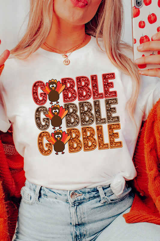 White GOBBLE Thanksgiving Turkey Heat Transfer Printing T Shirt