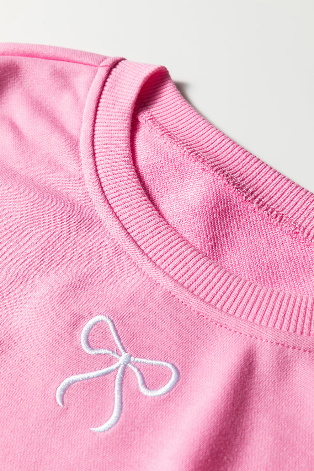 Sachet Pink Bow Embroidery Long Sleeve Pullover and High Waist Shorts Set